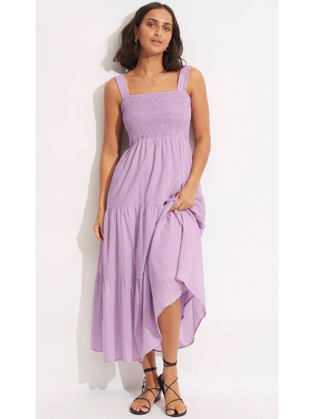 Seafolly Australia Lilac Boathouse Dress 100% Cotton Lined Smocked Airy Large